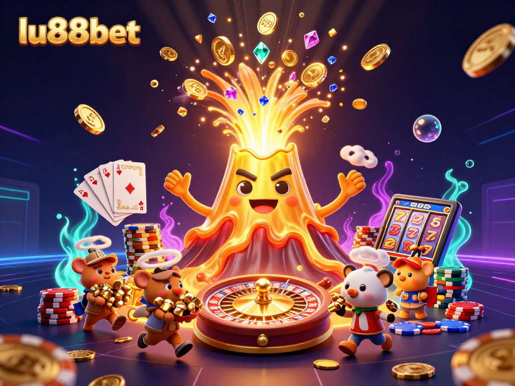 Win big with lu88bet at the dynamic game scene, showcasing a golden volcano and treasure-filled action.