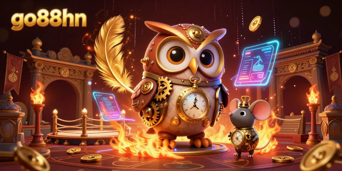 Engage with go88hn in a vibrant casino adventure featuring a steampunk owl and intricate gaming elements.