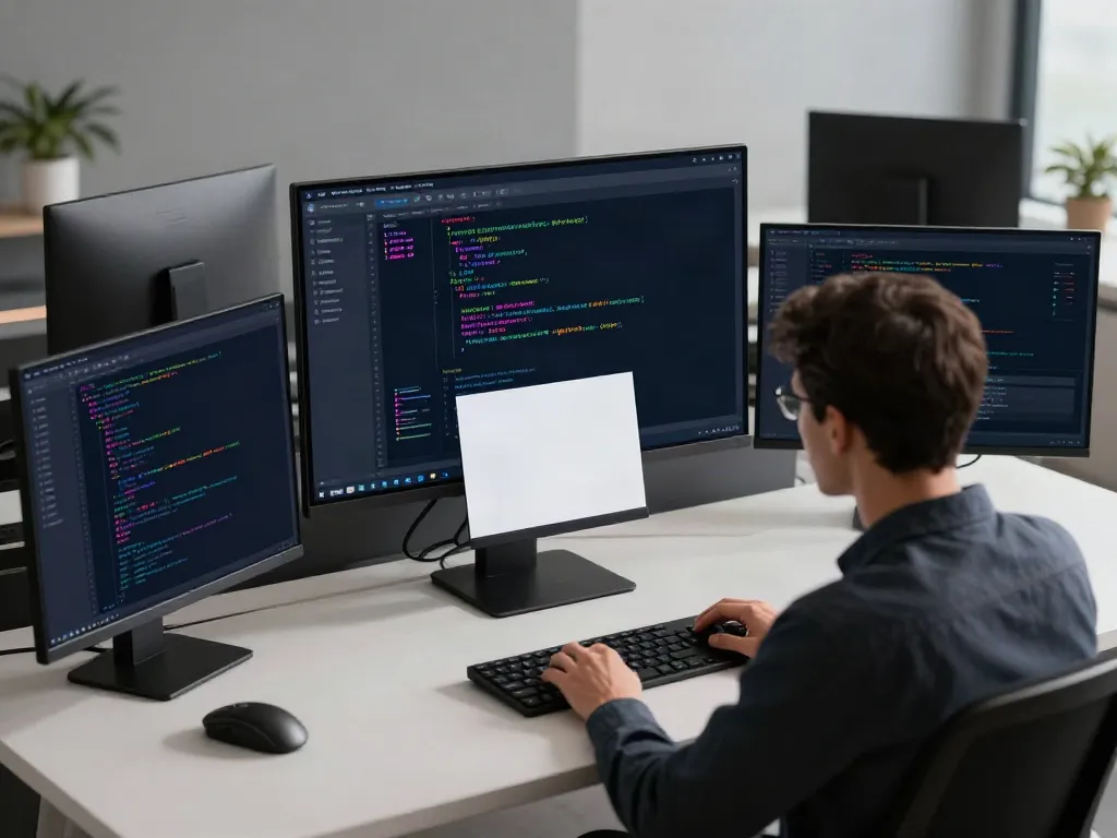Secure code review in a modern developer workspace with coding tools and security metrics.