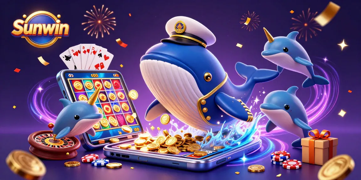 Sunwin players winning big with a vibrant underwater casino scene featuring whales and dolphins.