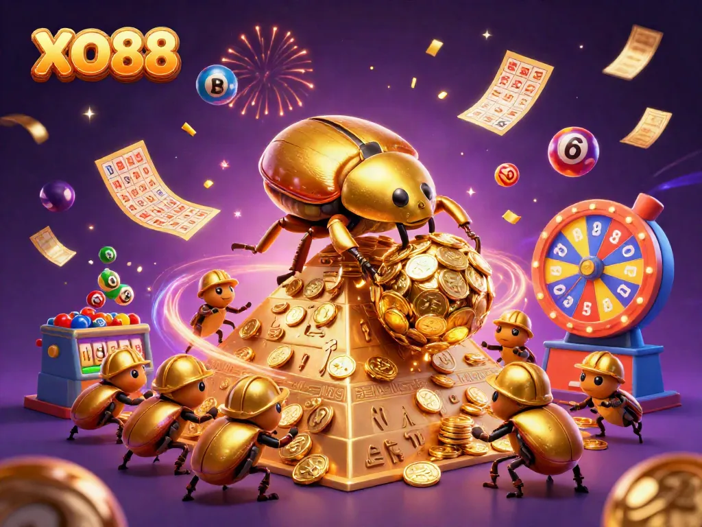Engage with XO88's vibrant gaming world featuring golden beetles and dynamic casino elements.