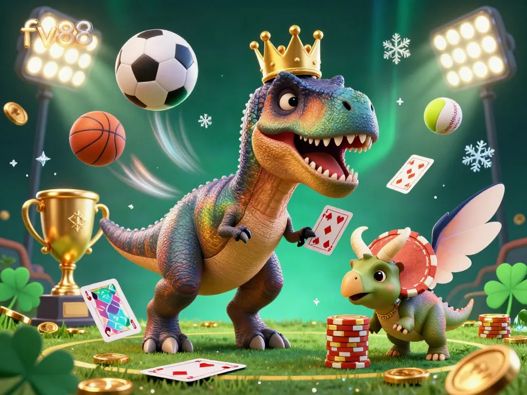 fv88 showcases a vibrant casino scene featuring a T-Rex and pterodactyl interacting with cards and chips.