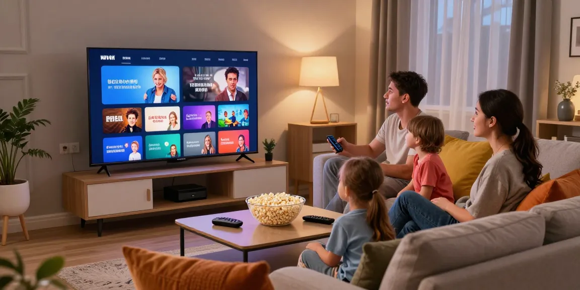Family enjoying IPTV abonnement Norge in a cozy living room setting with a Smart TV.