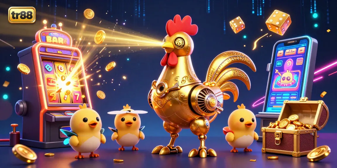 tr88 unleashes excitement with a cartoon golden rooster robot and jackpot symbols exploding in a colorful casino scene.