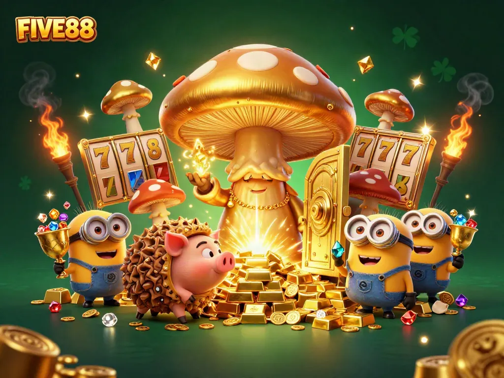 Experience the magic of FIVE88 as a wizard transforms treasures into gold in a vibrant casino scene.
