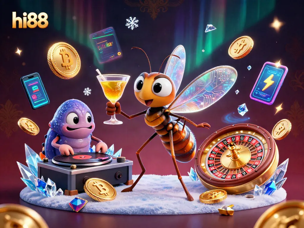 Engage in thrilling hi88 casino action with a 3D digital illustration of a frozen mosquito mascot and vibrant game elements.