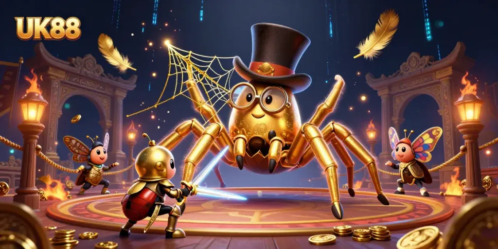 UK88 players engage with a thrilling casino scene featuring a tarantula and beetle knight.