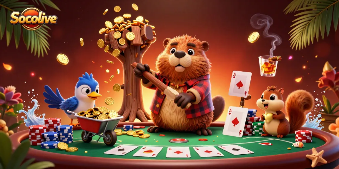 Socolive showcases a festive scene of animated characters celebrating casino wins, featuring poker elements.