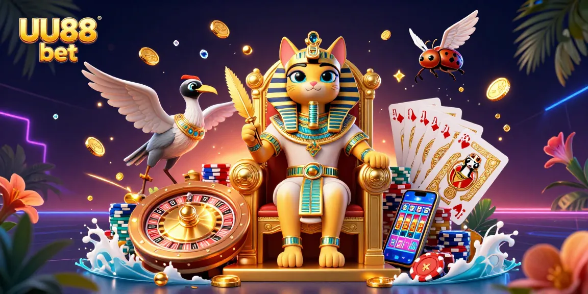 Play and win at UU88 bet with a pharaoh cat, roulette, and lavish gold elements.