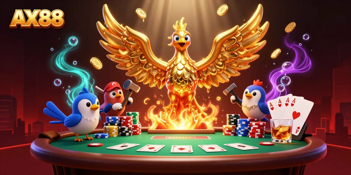 Experience the thrilling world of AX88 with golden phoenix and poker elements illuminating your gaming journey.