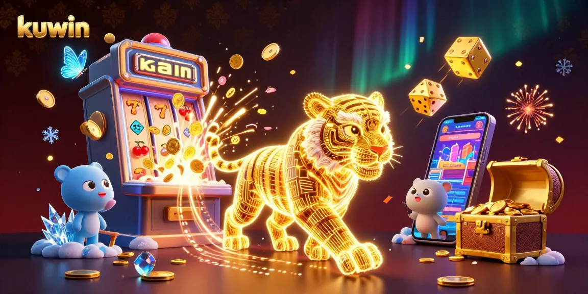 Join kuwin's exciting gaming adventure in a vibrant casino scene with stunning slot machines.