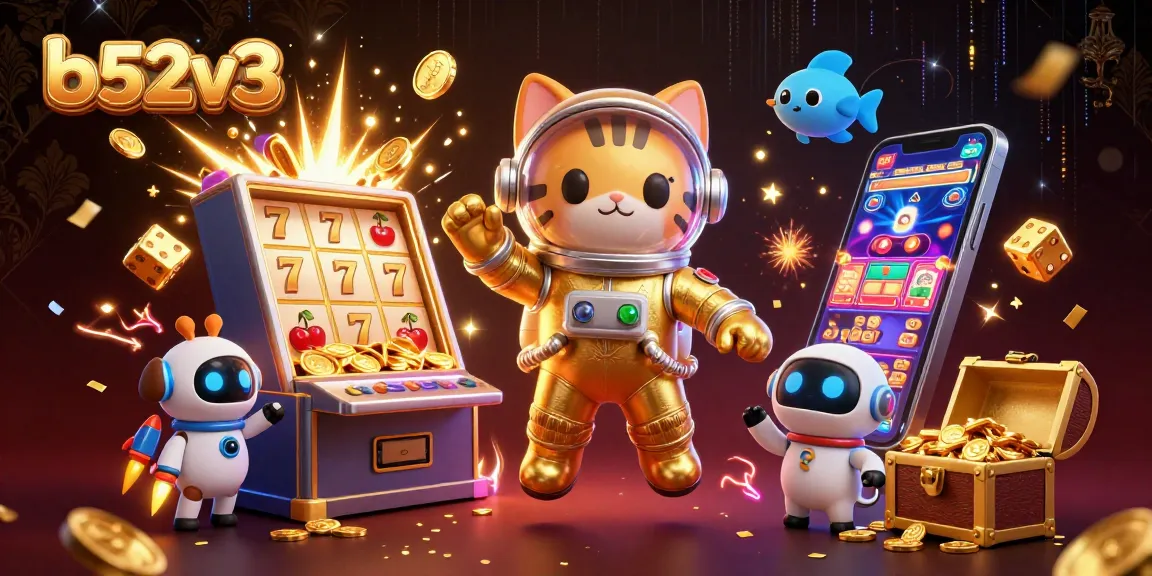 Win big at b52v3 with a stunning illustration of an astronaut cat and robot dog celebrating casino riches.
