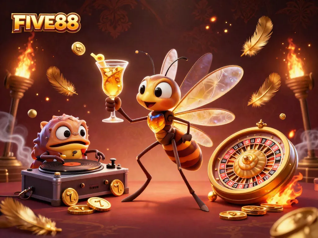 FIVE88 brings excitement with a vibrant 3D casino scene featuring unique characters, golden elements, and lively atmosphere.