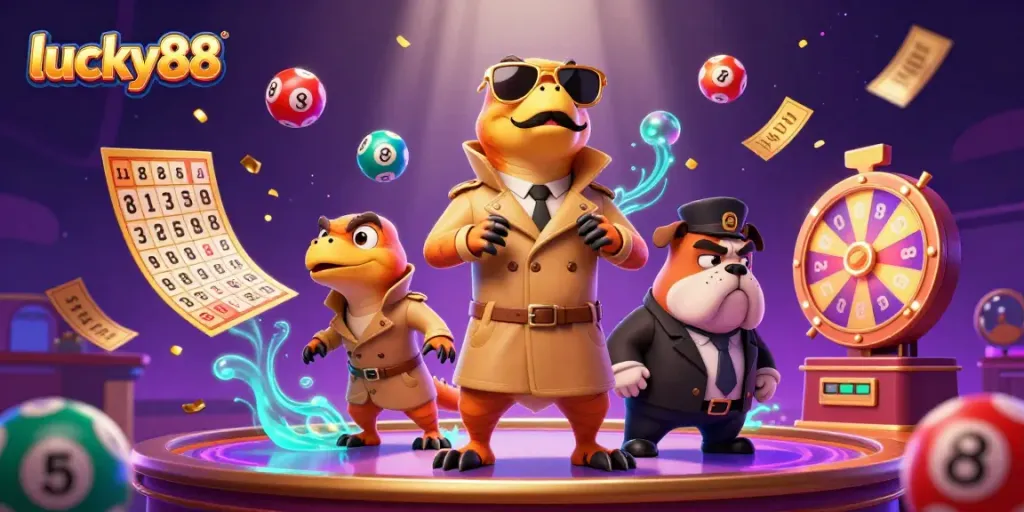 Experience lucky88 with three raptors in disguise entering a casino lounge, vibrant elements all around.
