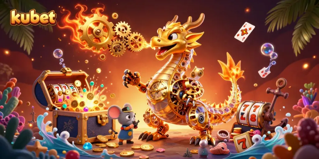 Kubet welcomes players with a vibrant casino scene featuring golden dragon, colorful gems, and slot games.