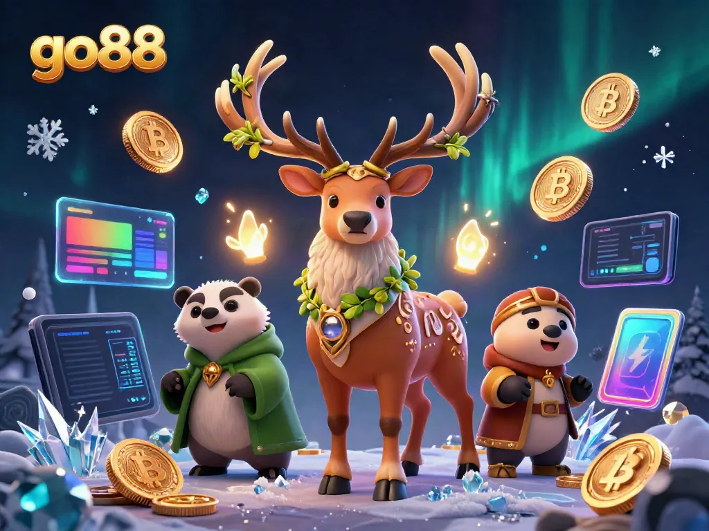 Engage with go88's immersive 3D casino scene featuring druid stag and badger amidst crypto elements.