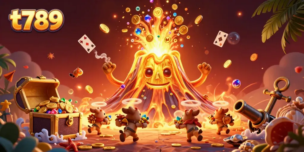 T789 casino volcano erupting coins, treasure animals escaping, vibrant underwater scene