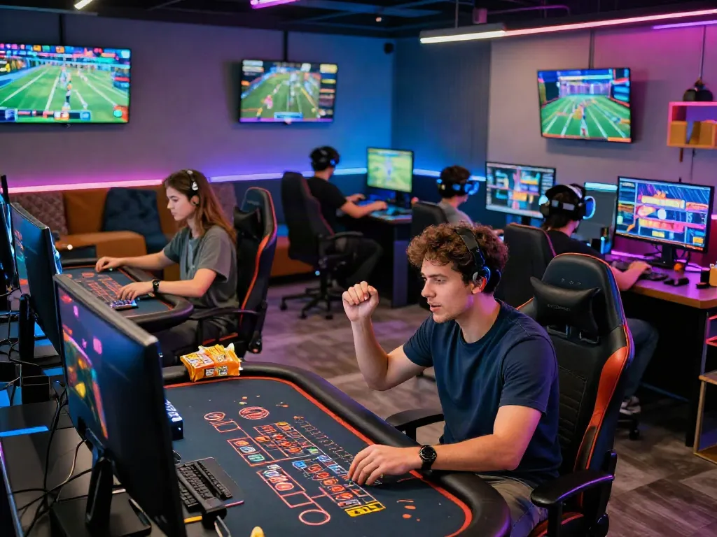 Players enjoying vibrant online gaming experiences at F168's modern casino lounge, showcasing diverse games and engaging atmosphere.