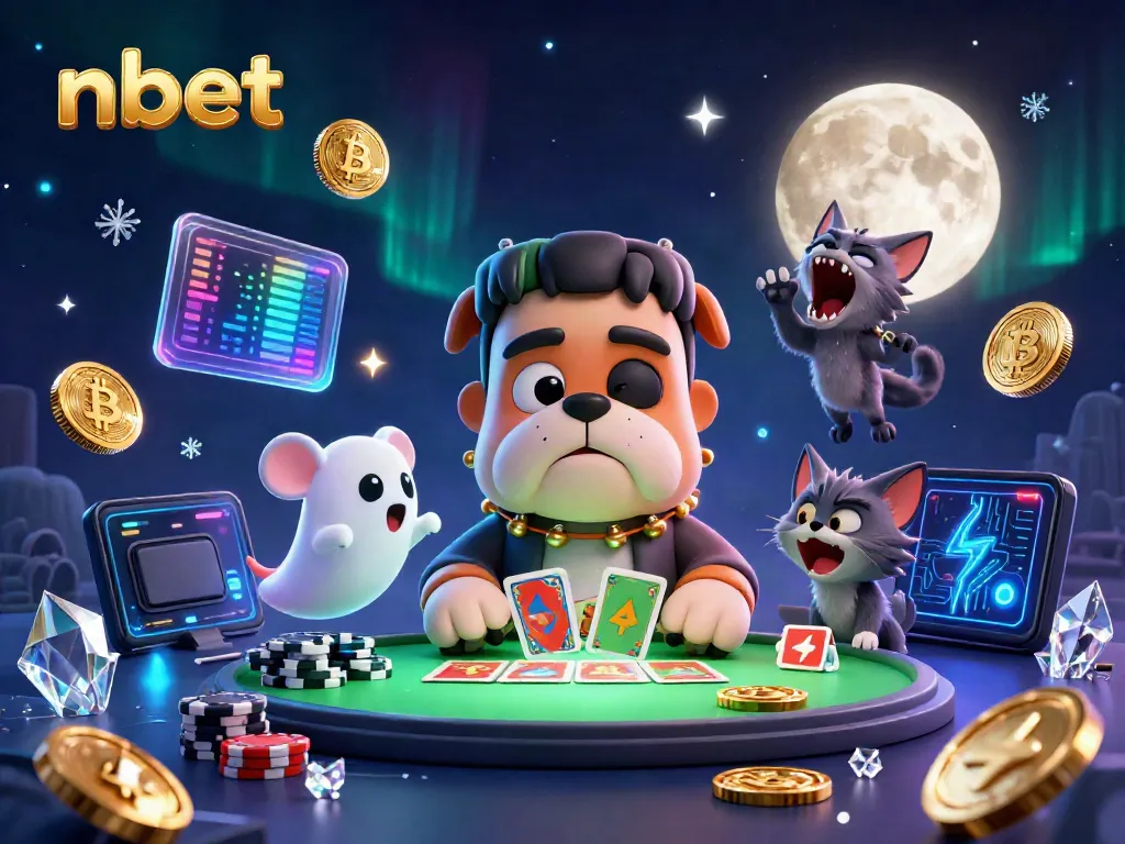 Engage with nbet at a vibrant casino scene showcasing a Frankenstein bulldog dealing cards with crypto elements.