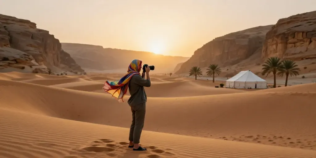 Wanderer am Panorama der Wüste in Oman während des Sonnenuntergangs, bereit für den Urlaub Oman.