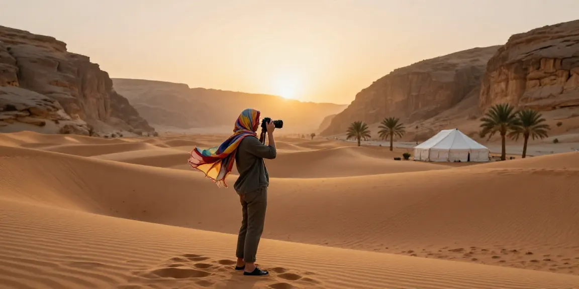 Wanderer am Panorama der Wüste in Oman während des Sonnenuntergangs, bereit für den Urlaub Oman.