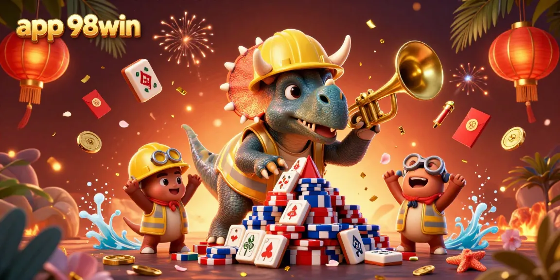 Experience the excitement of app 98win with 3D joyful characters building poker chip pyramids and festive decorations.