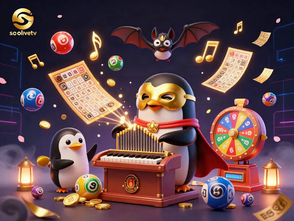 Betting frenzy at Socolivetv with cartoon penguin organist helping players win big prizes.