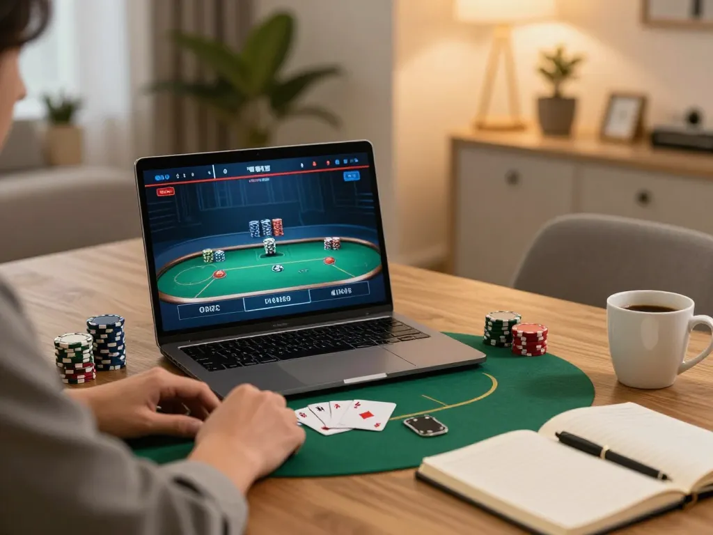 Sunwin online gaming scene with player focusing on poker strategy and cozy home setup.