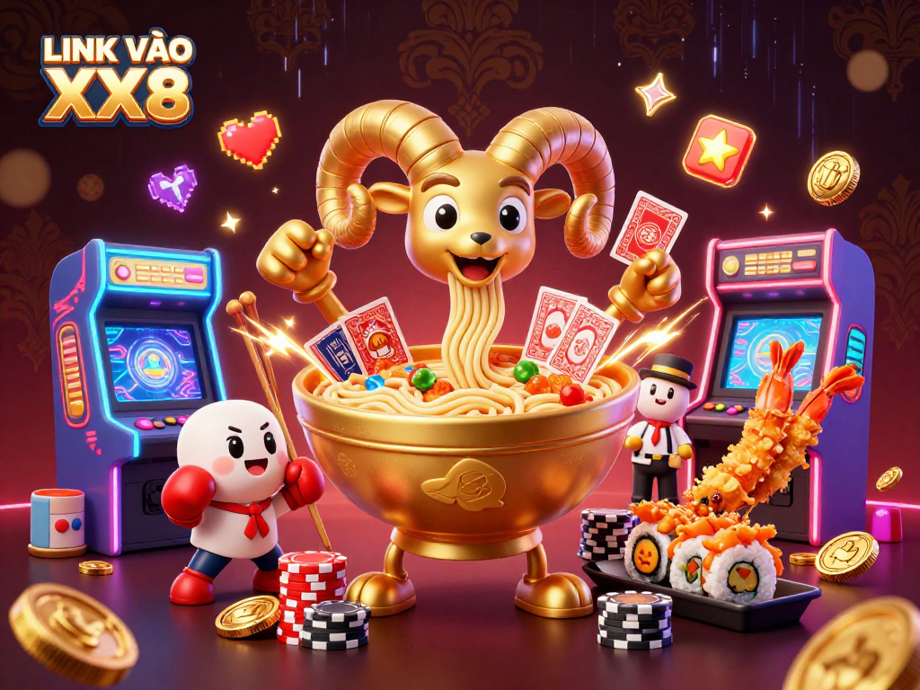 Join the action with LINK VÀO XX8, featuring a dynamic casino scene with gaming characters and vibrant elements.