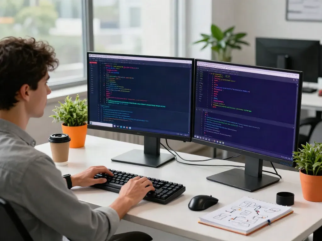 Dynamic software development workspace showcasing an LLM API provider integration process with vibrant coding displays.