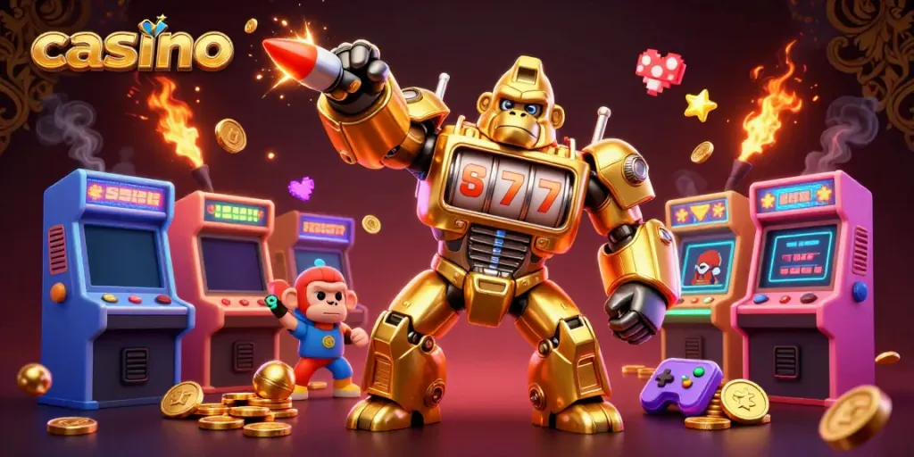 Experience thrilling casino action with a golden gorilla mech and vibrant arcade elements.