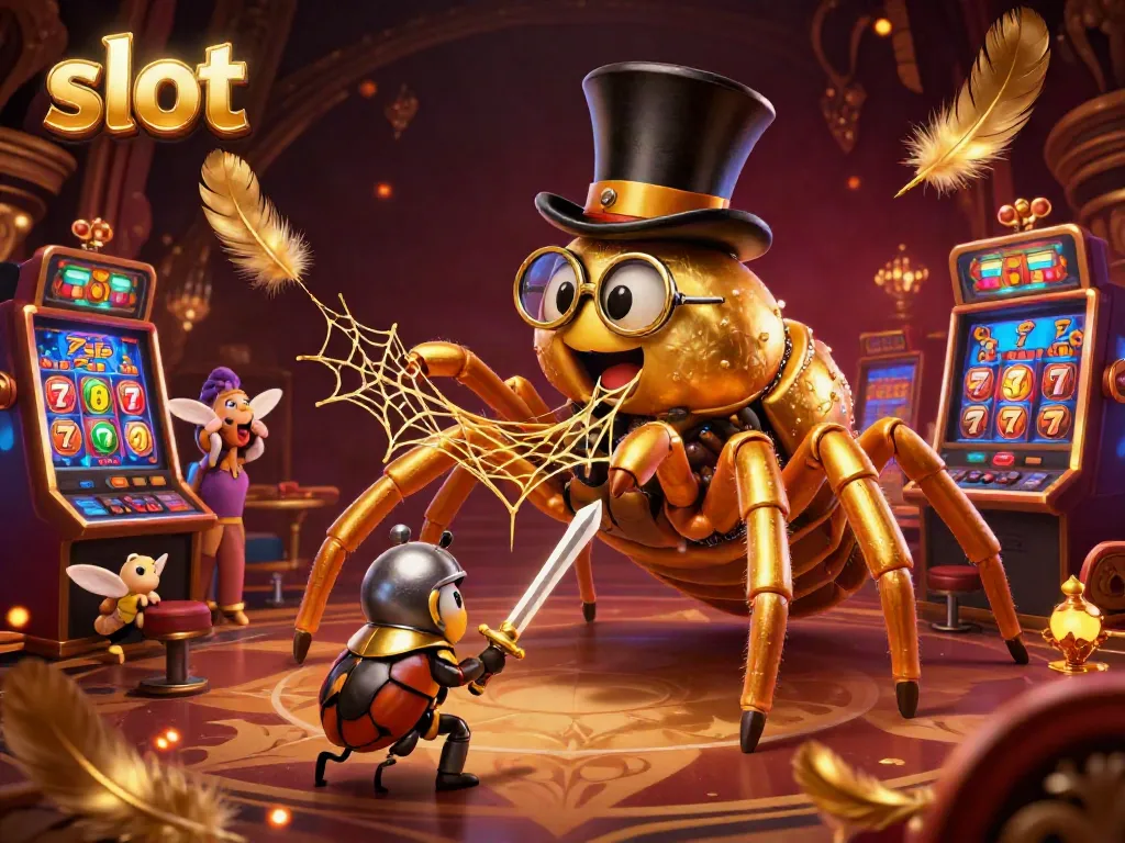 Engage with the thrilling world of slots as a golden tarantula weaves its web among exciting slot machines.