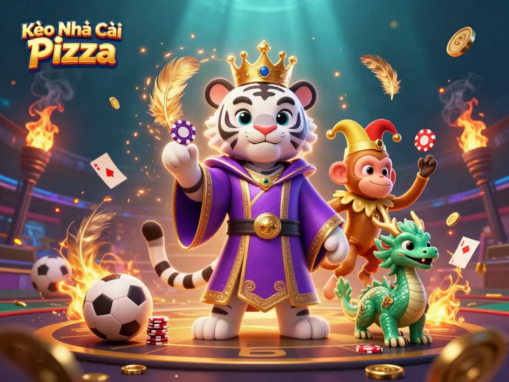 Immerse yourself in Kèo Nhà Cái Pizza's vibrant sports betting scene with lucky tiger, juggling monkey, and jade dragon!
