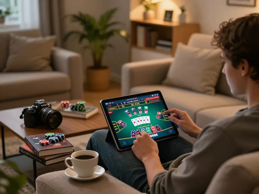 Engaged player utilizing the F168 online casino interface on a tablet while studying strategies in a cozy home setting.