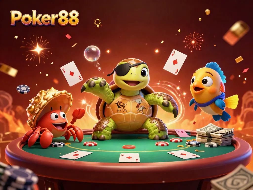 Experience thrilling poker action with Poker88's vibrant 3D scene featuring a pirate turtle, hermit crab, and parrotfish.