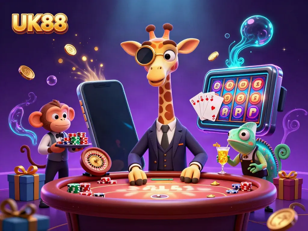UK88 showcases a high-roller giraffe at a VIP poker table while a monkey valet organizes chips, perfect for an online casino.