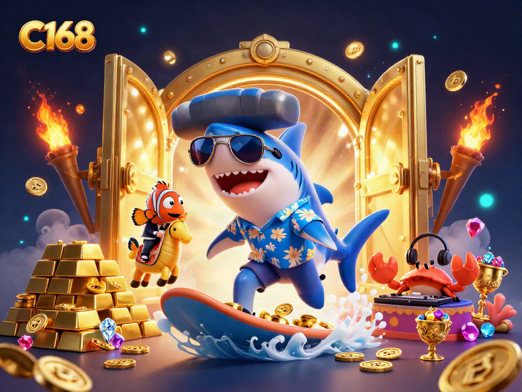 C168 surf the gold coin wave with vibrant underwater casino characters and treasures.