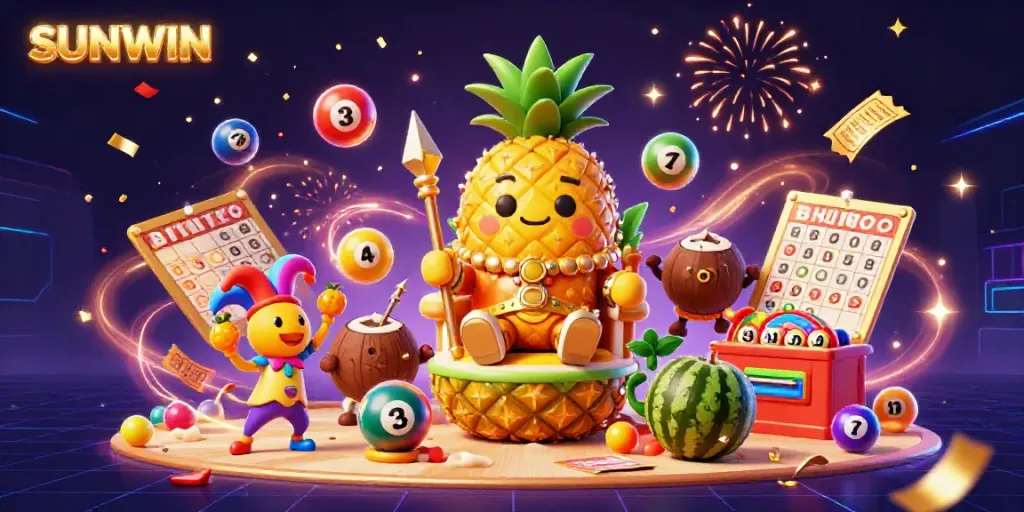 SUNWIN's vibrant beach casino illustration showcasing a golden pineapple king, lottery balls, and a colorful prize wheel.