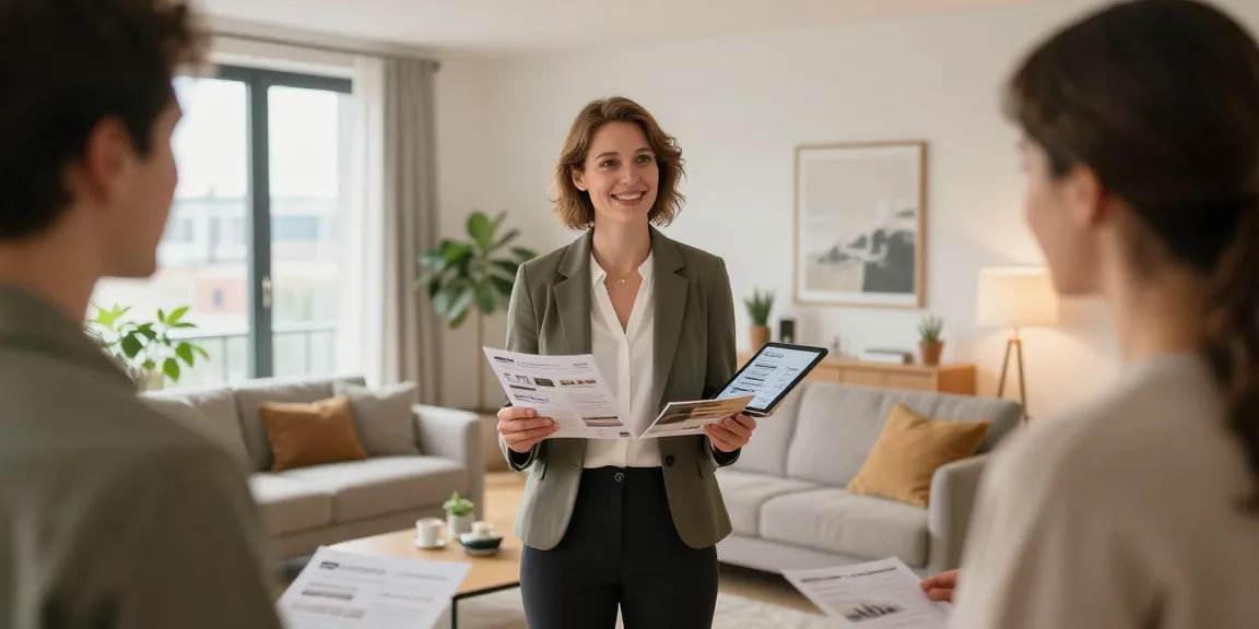 Makler Düsseldorf präsentiert moderne Wohnung mit interessierten Käufern im hellen Wohnzimmer.