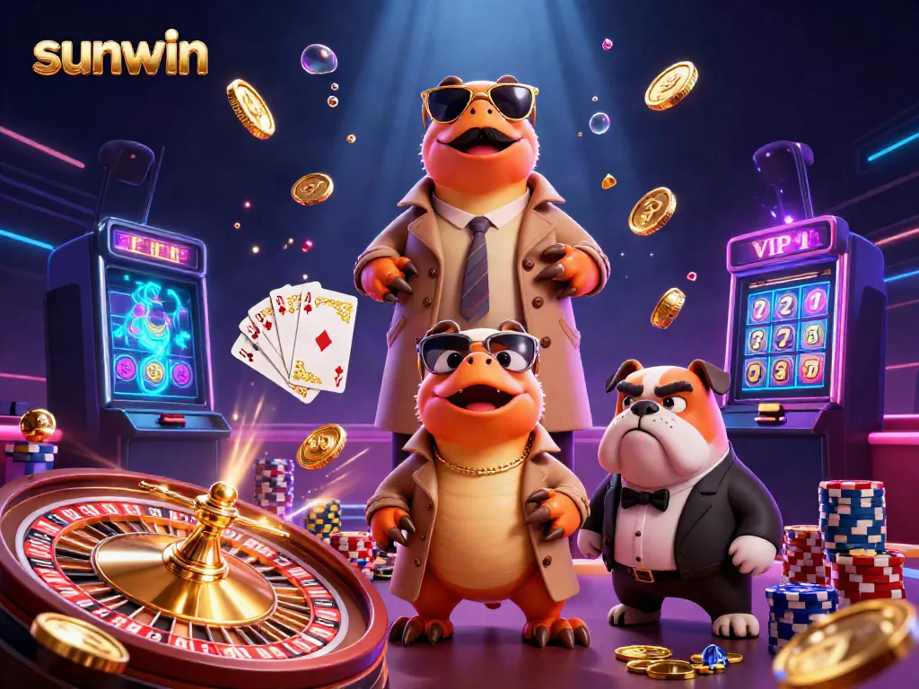 Engage in thrilling gameplay at Sunwin with vibrant casino visuals featuring animated raptors in disguise.
