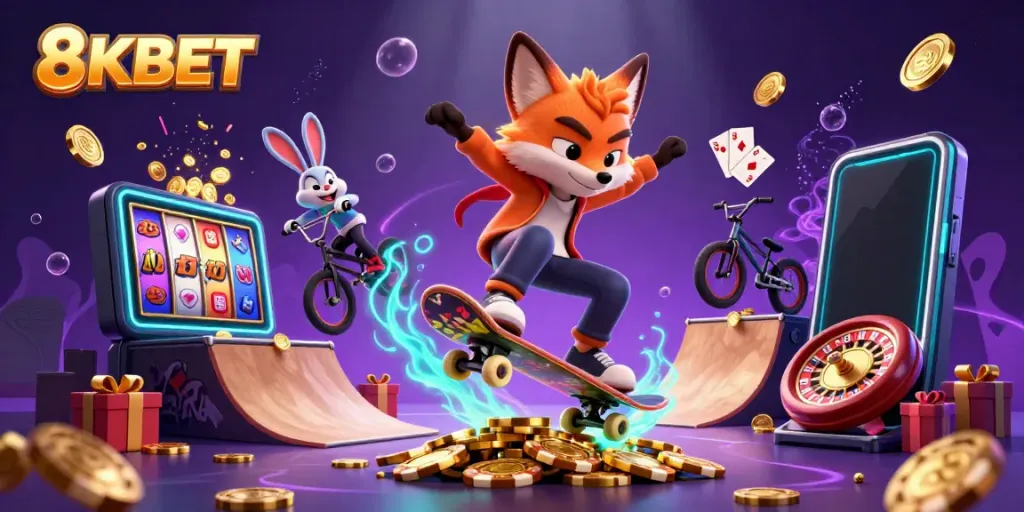 Experience high-energy action with 8KBET gameplay featuring vibrant characters in a casino setting.