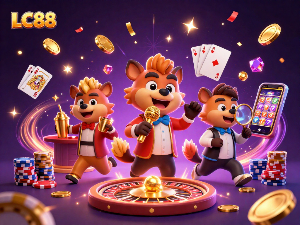 LC88 casino scene with cartoon hyenas engaging in comedy, mixing drinks, and monitoring IDs.