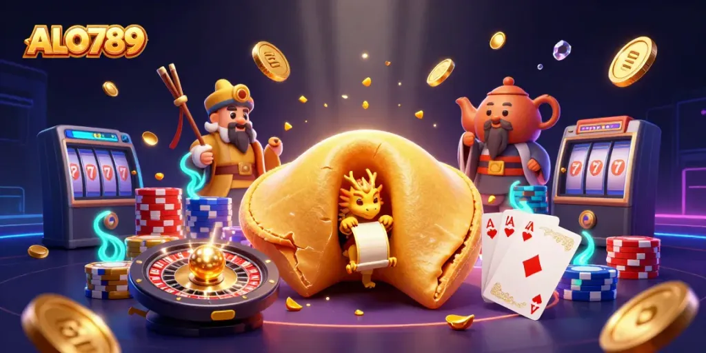Experience thrilling wins with ALO789 in a vibrant 3D casino scene featuring golden fortunes and exciting gaming elements.