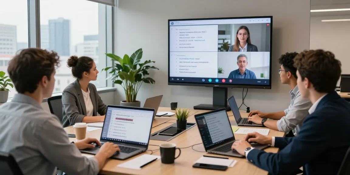 Professionelles Team während einer hybriden Besprechung, das Transync AI für die Übersetzung ins Deutsche nutzt.
