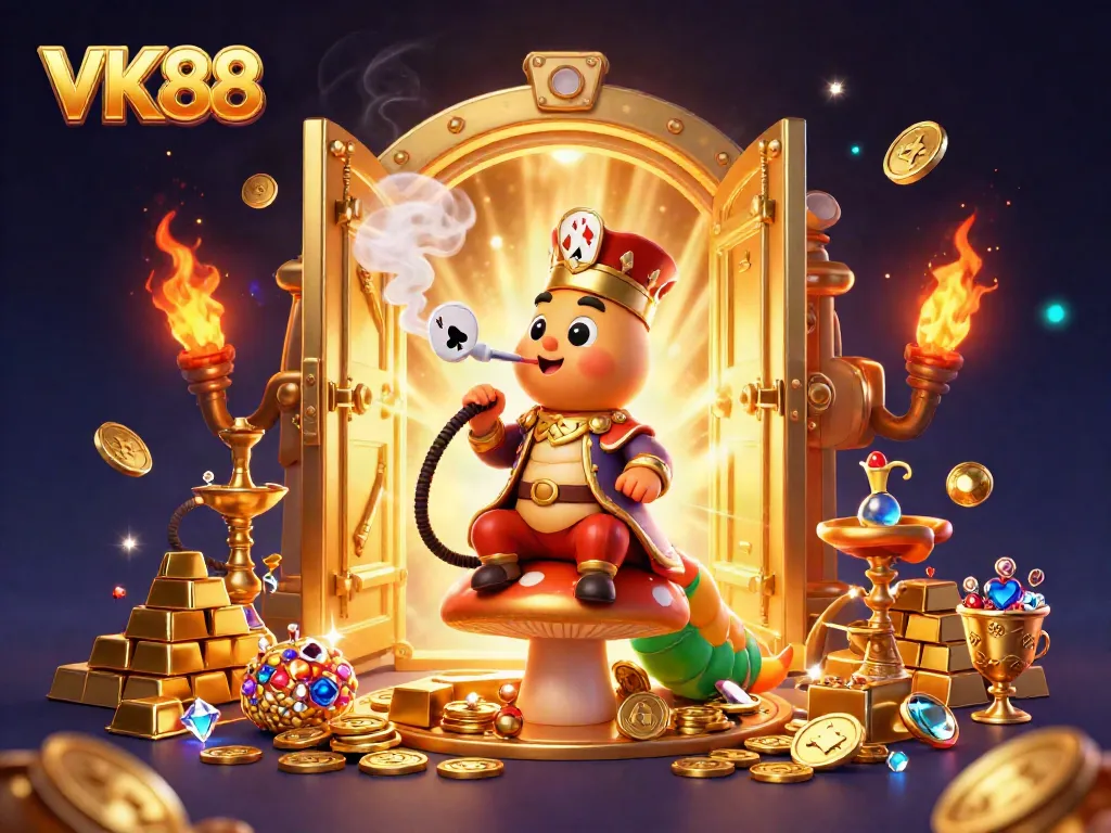 VK88 captivates players with poker hand symbols and vibrant riches in a fantasy casino setting.