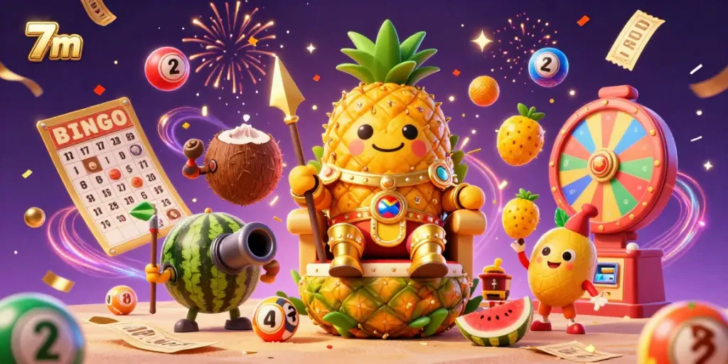 Engage in thrilling 7m gaming excitement with colorful lottery elements and a vibrant beach casino setting.
