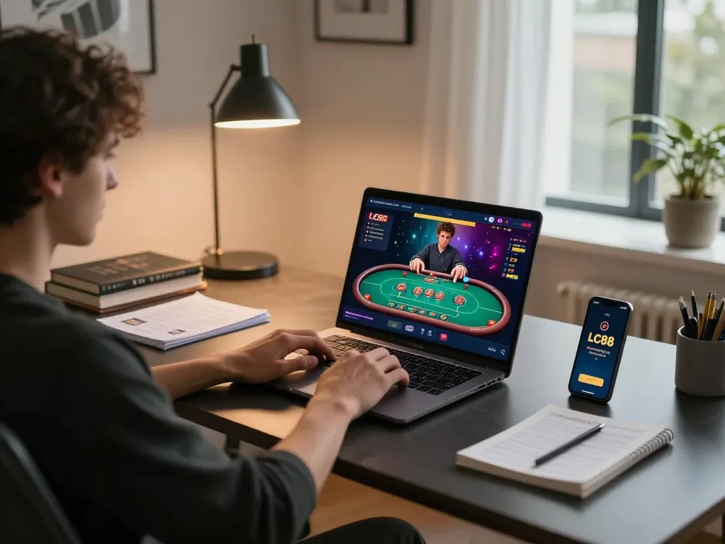 Play LC88 online casino from a modern home office setup with dynamic gameplay interface.