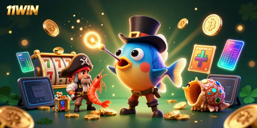 Experience winning strategies at 11WIN with vibrant casino-themed 3D visuals, exciting slots and crypto elements.