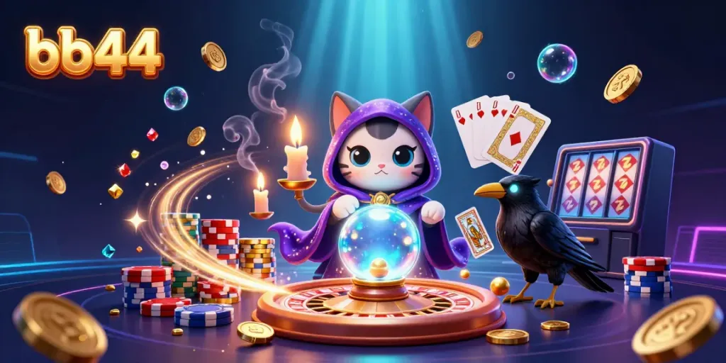 Engage with the dazzling bb44 casino scene, featuring a mystic cat and tarot raven amidst golden coins.