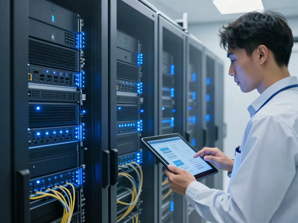 Server configuration review in a modern data center showcasing cybersecurity technology and cloud computing.